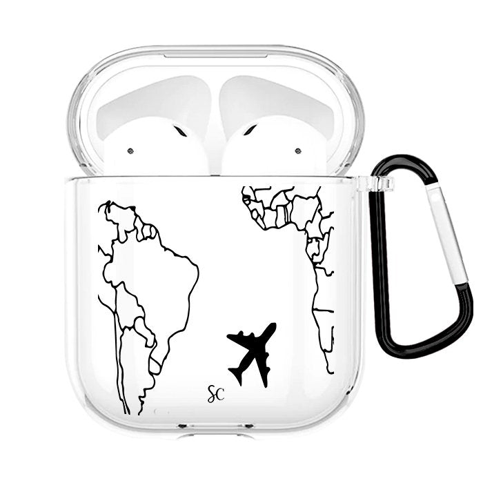 Case Audífonos Transparente Mapa Mundi Negro