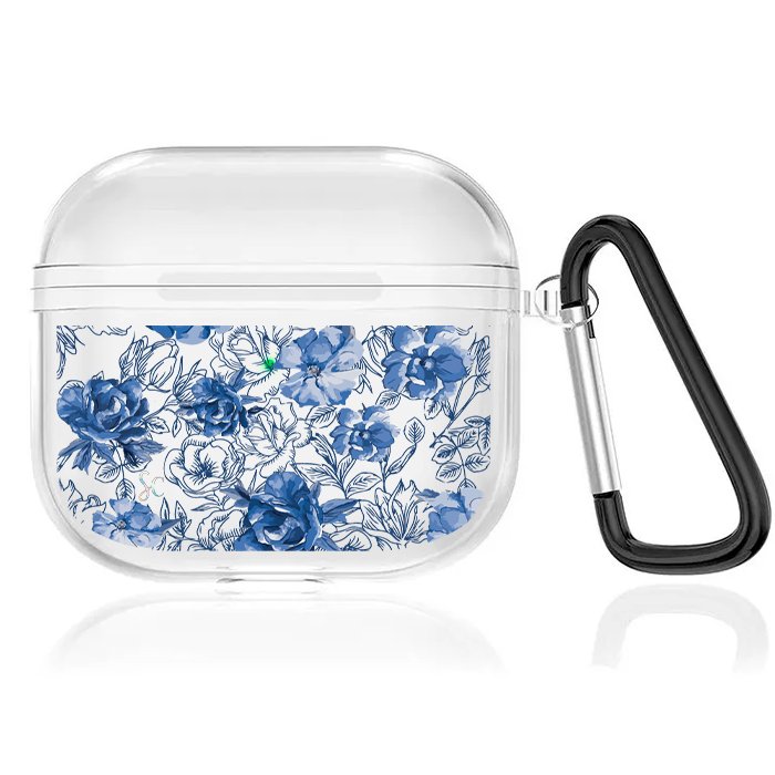 Case Audífonos Transparente Flores Azules