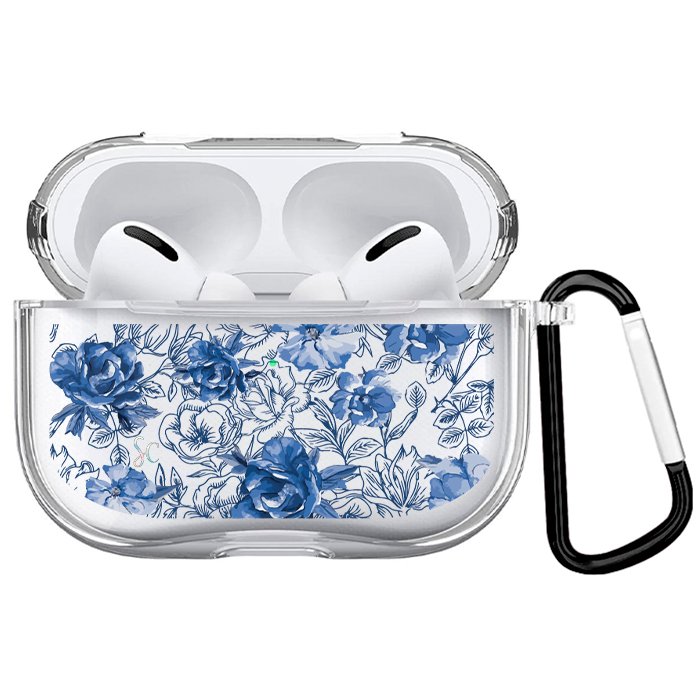 Case Audífonos Transparente Flores Azules