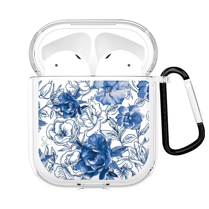 Case Audífonos Transparente Flores Azules